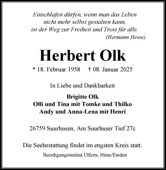 Traueranzeige von Herbert Olk von Emder Zeitung