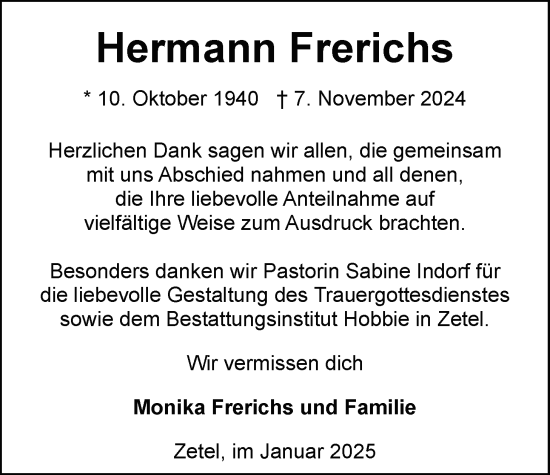 Traueranzeige von Hermann Frerichs von Nordwest-Zeitung
