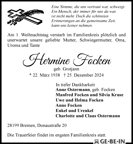 Traueranzeige von Hermine Focken von Nordwest-Zeitung