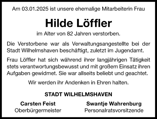 Traueranzeige von Hilde Löffler von WZ/JW/AH