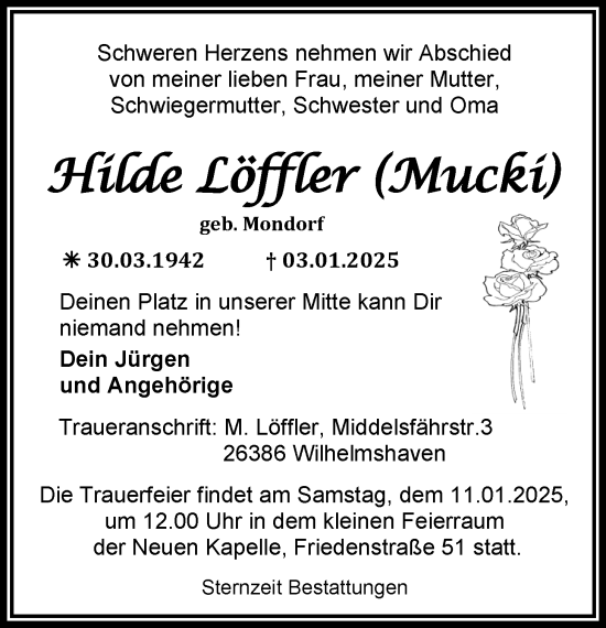 Traueranzeige von Hilde Löffler von WZ/JW/AH