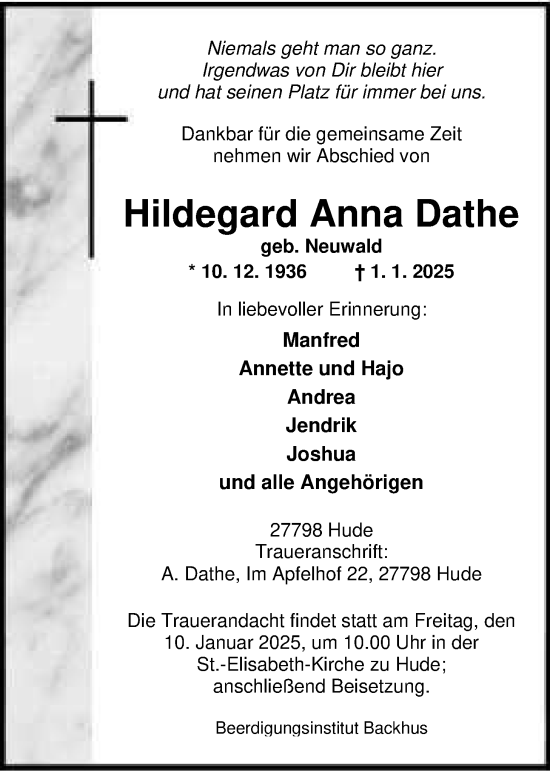 Traueranzeige von Hildegard Dathe von Nordwest-Zeitung