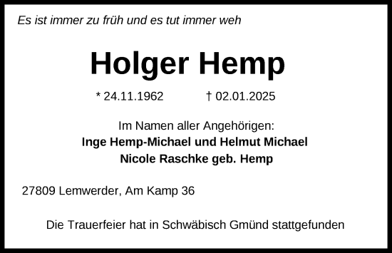 Traueranzeige von Holger Hemp von Nordwest-Zeitung