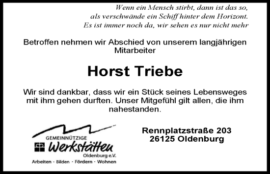 Traueranzeige von Hors Triebe von Nordwest-Zeitung