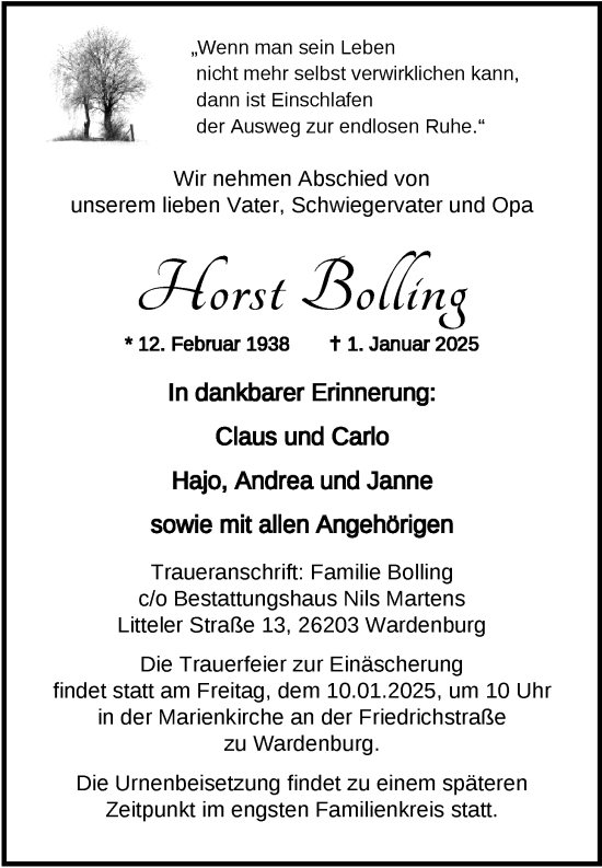 Traueranzeige von Horst Bolling von Nordwest-Zeitung