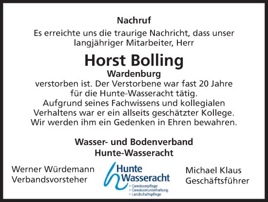 Traueranzeige von Horst Bolling von Nordwest-Zeitung