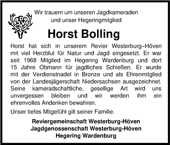 Traueranzeige von Horst Bolling von Nordwest-Zeitung