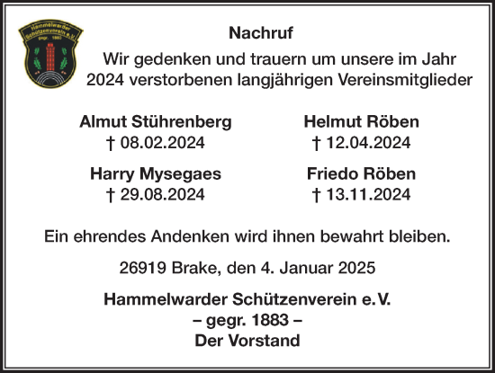 Traueranzeige von Im Gedenken 2024 Hammelwarder Schützenverein von Nordwest-Zeitung