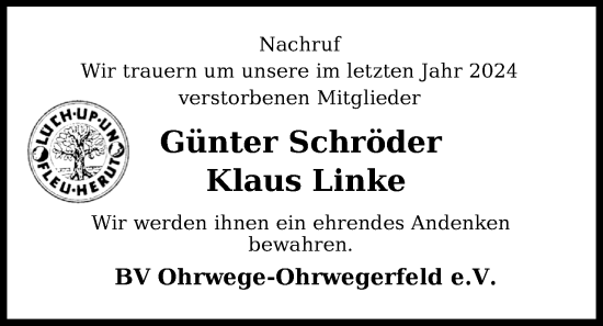 Traueranzeige von Im Gedenken 2024 BV Ohrwege-Ohrwegerfeld e.V. von Nordwest-Zeitung