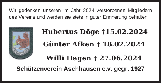 Traueranzeige von Im Gedenken 2024 Schützenverein Aschhausen e.v. gegr. 1927 von Nordwest-Zeitung