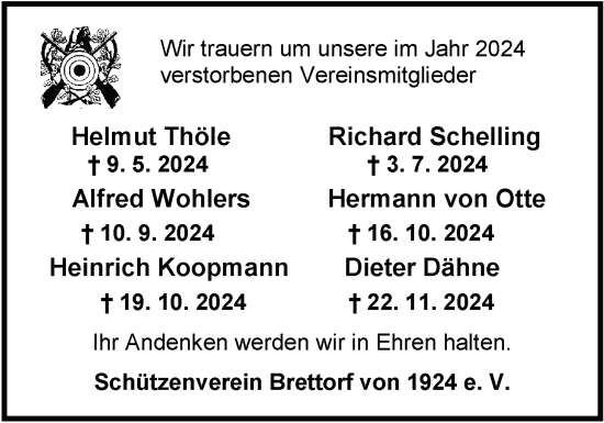 Traueranzeige von Im Gedenken2024 Schützenverein Brettorf von 1924 e. V. von Nordwest-Zeitung