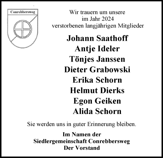 Traueranzeige von Im Gedenken 2024 Siedlergemeinschaft Conrebbersweg von Emder Zeitung