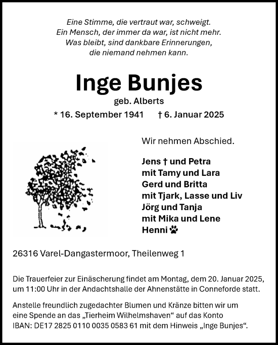 Traueranzeige von Inge Bunjes von Nordwest-Zeitung