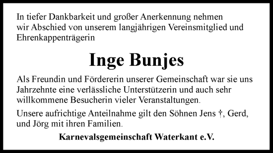 Traueranzeige von Inge Bunjes von Nordwest-Zeitung
