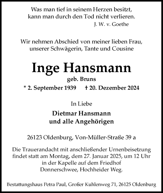 Traueranzeige von Inge Hansmann von Nordwest-Zeitung