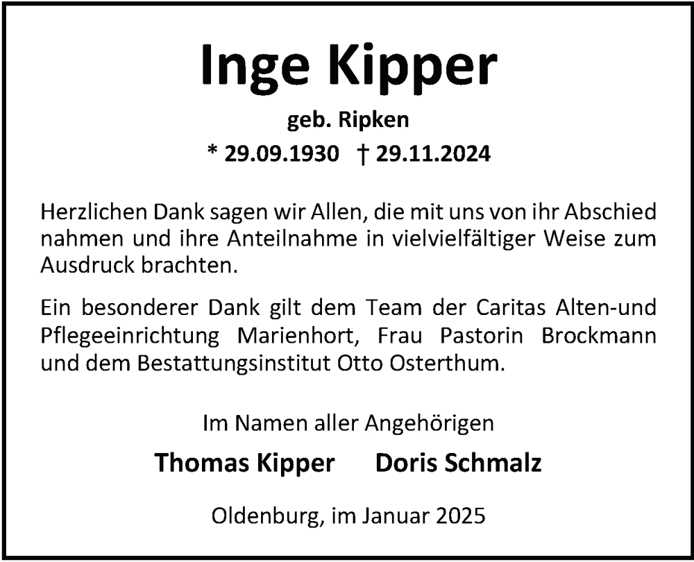  Traueranzeige für Inge Kipper vom 18.01.2025 aus Nordwest-Zeitung