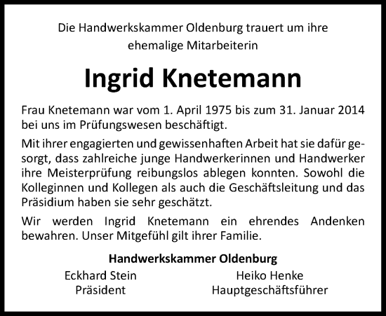 Traueranzeige von Ingrid Knetemann von Nordwest-Zeitung