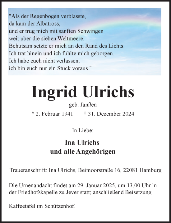 Traueranzeige von Ingrid Ulrichs von WZ/JW/AH