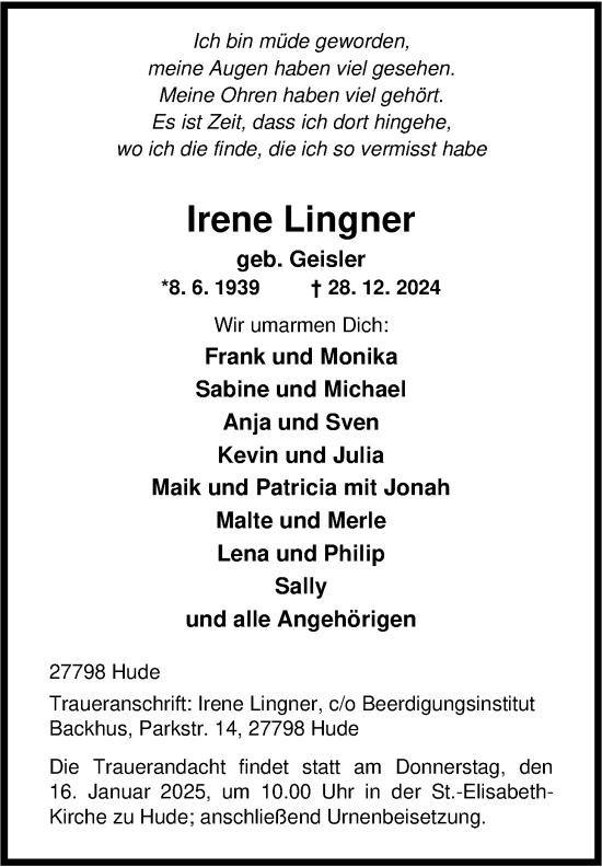 Traueranzeige von Irene Lingner von Nordwest-Zeitung