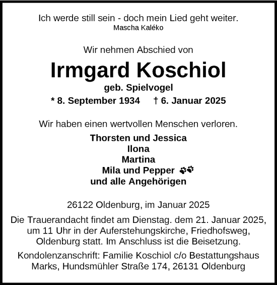 Traueranzeige von Irmgard Koschiol von Nordwest-Zeitung