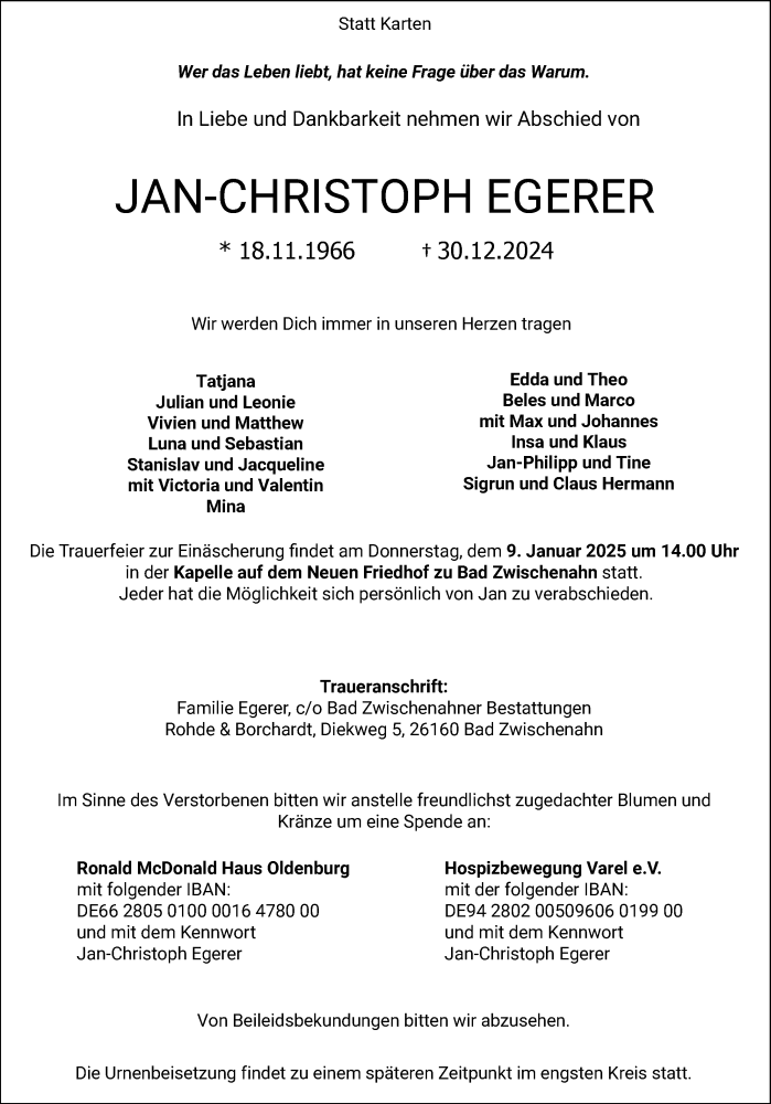  Traueranzeige für Jan-Christoph Egerer vom 04.01.2025 aus Nordwest-Zeitung