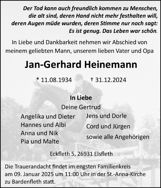 Traueranzeige von Jan-Gerhard Heinemann von Nordwest-Zeitung