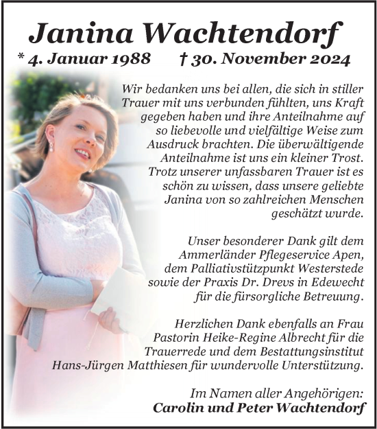 Traueranzeige von Janina Wachtendorf von Nordwest-Zeitung