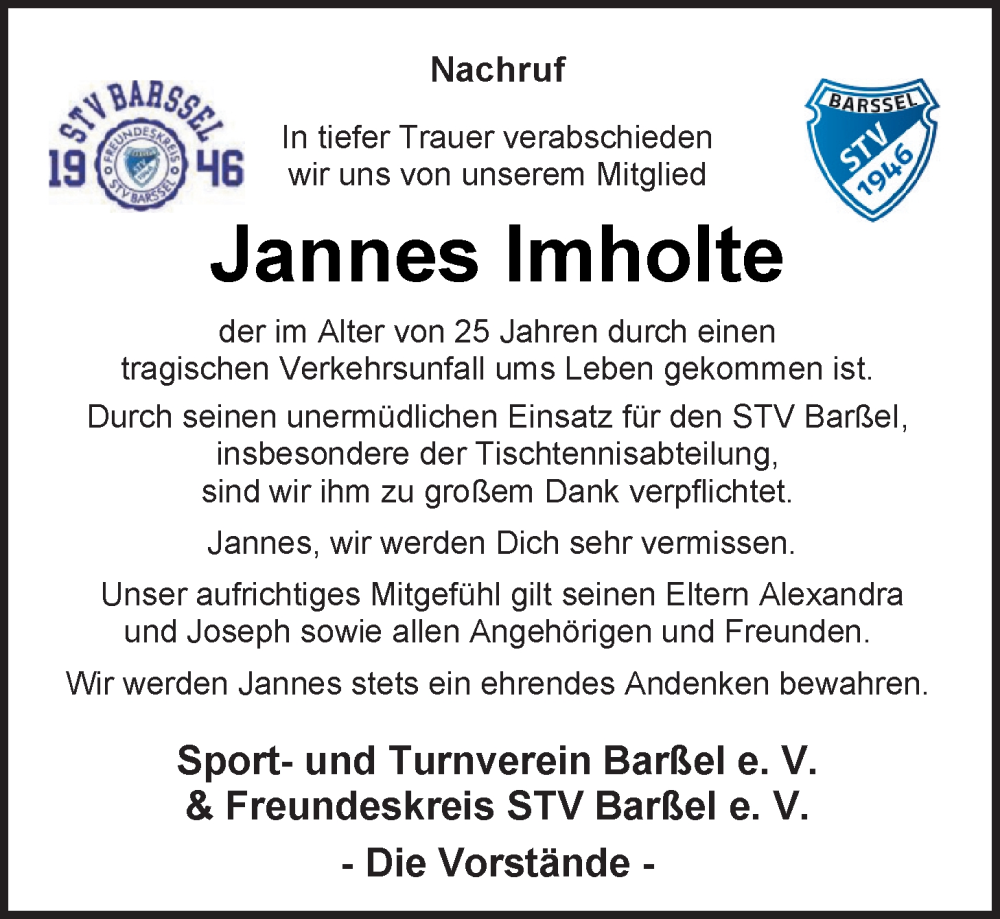  Traueranzeige für Jannes Imholte vom 07.01.2025 aus Nordwest-Zeitung