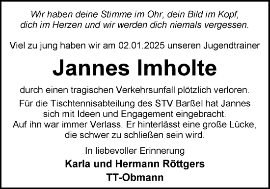 Traueranzeige von Jannes Imholte von Nordwest-Zeitung