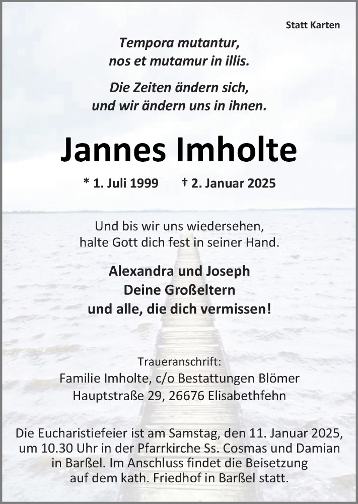  Traueranzeige für Jannes Imholte vom 07.01.2025 aus Nordwest-Zeitung