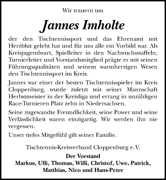 Traueranzeige von Jannes Imholte von Nordwest-Zeitung