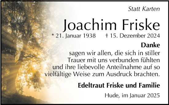 Traueranzeige von Joachim Friske von Nordwest-Zeitung