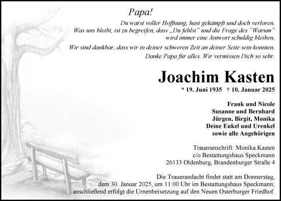 Traueranzeige von Joachim Kasten von Nordwest-Zeitung