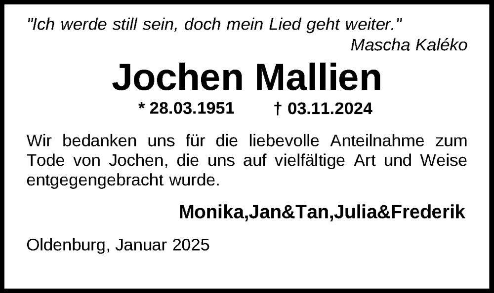 Traueranzeige für Jochen Mallien vom 11.01.2025 aus Nordwest-Zeitung