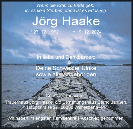 Traueranzeige von Jörg Haake von WZ/JW/AH