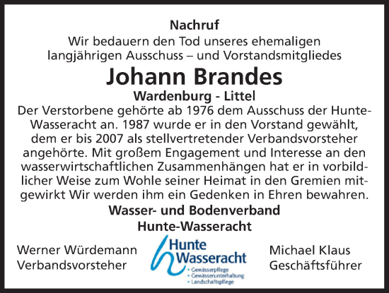 Traueranzeige von Johann Brandes von Nordwest-Zeitung