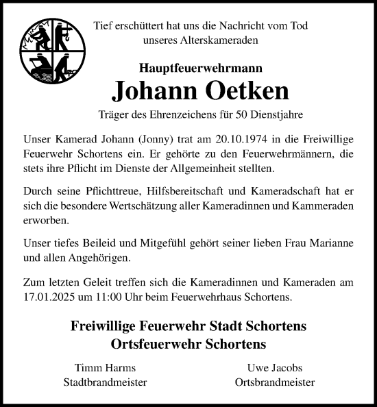 Traueranzeige von Johann Oetken von WZ/JW/AH