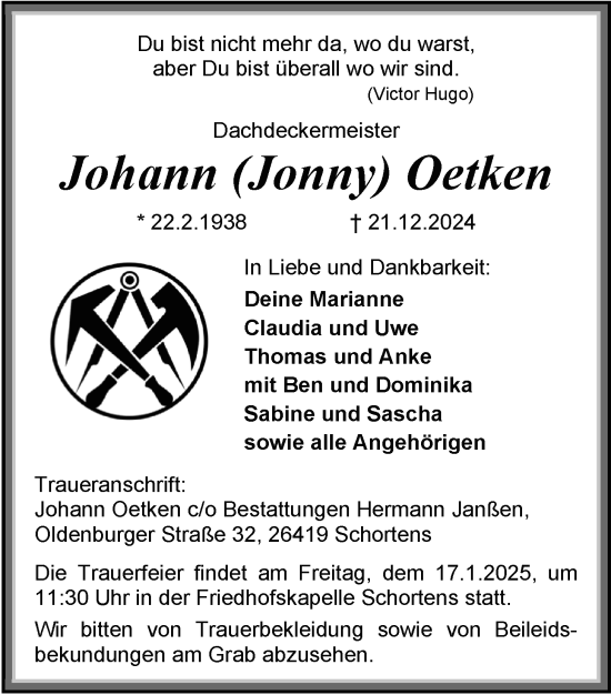 Traueranzeige von Johann Oetken von WZ/JW/AH