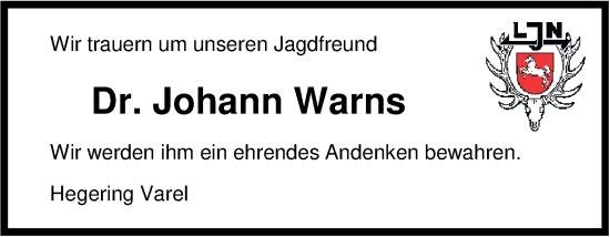 Traueranzeige von Johann Warns von Nordwest-Zeitung