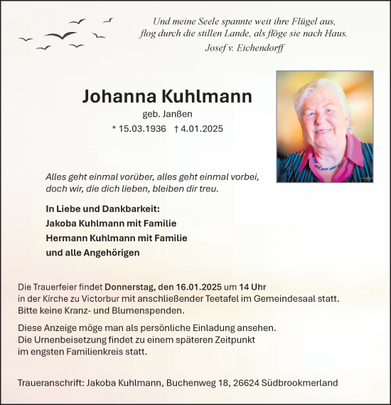 Traueranzeige von Johanna Kuhlmann von Emder Zeitung