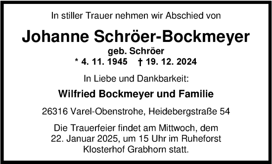 Traueranzeige von Johanne Schröer-Bockmeyer von Nordwest-Zeitung