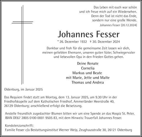 Traueranzeige von Johannes Fesser von Nordwest-Zeitung