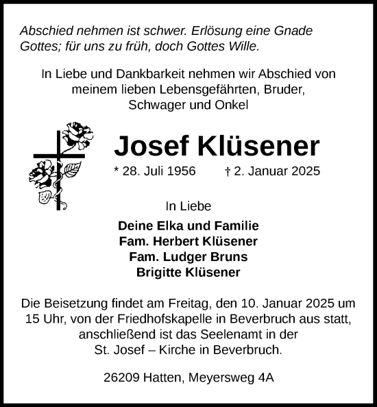 Traueranzeige von Josef Klüsener von Nordwest-Zeitung