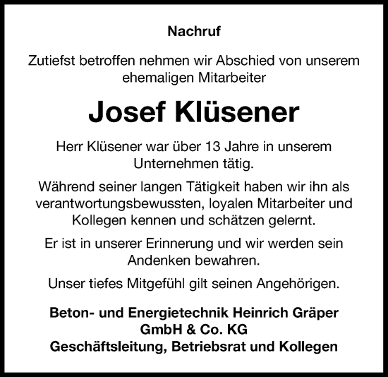 Traueranzeige von Josef Klüsener von Nordwest-Zeitung