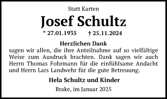 Traueranzeige von Josef Schultz von Nordwest-Zeitung