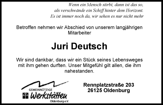 Traueranzeige von Juri Deutsch von Nordwest-Zeitung