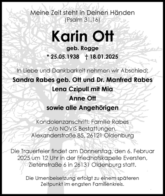 Traueranzeige von Karin Ott von Nordwest-Zeitung