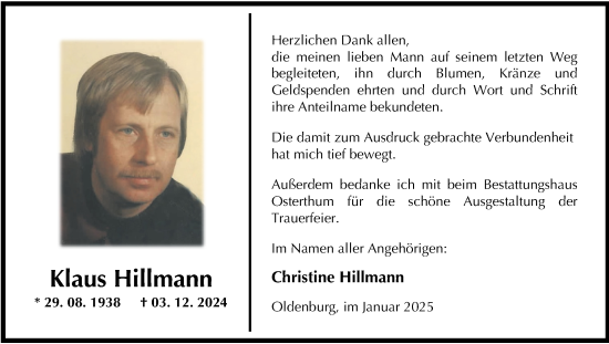 Traueranzeige von Klaus Hillmann von Nordwest-Zeitung
