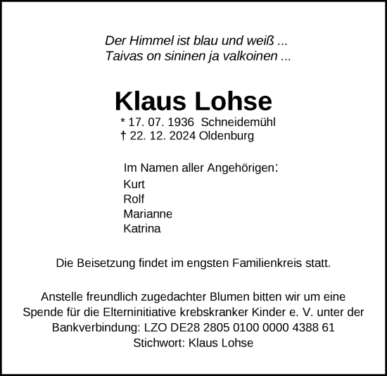 Traueranzeige von Klaus Lohse von Nordwest-Zeitung