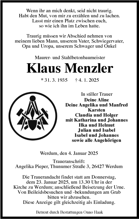 Traueranzeige von Klaus Menzler von WZ/JW/AH